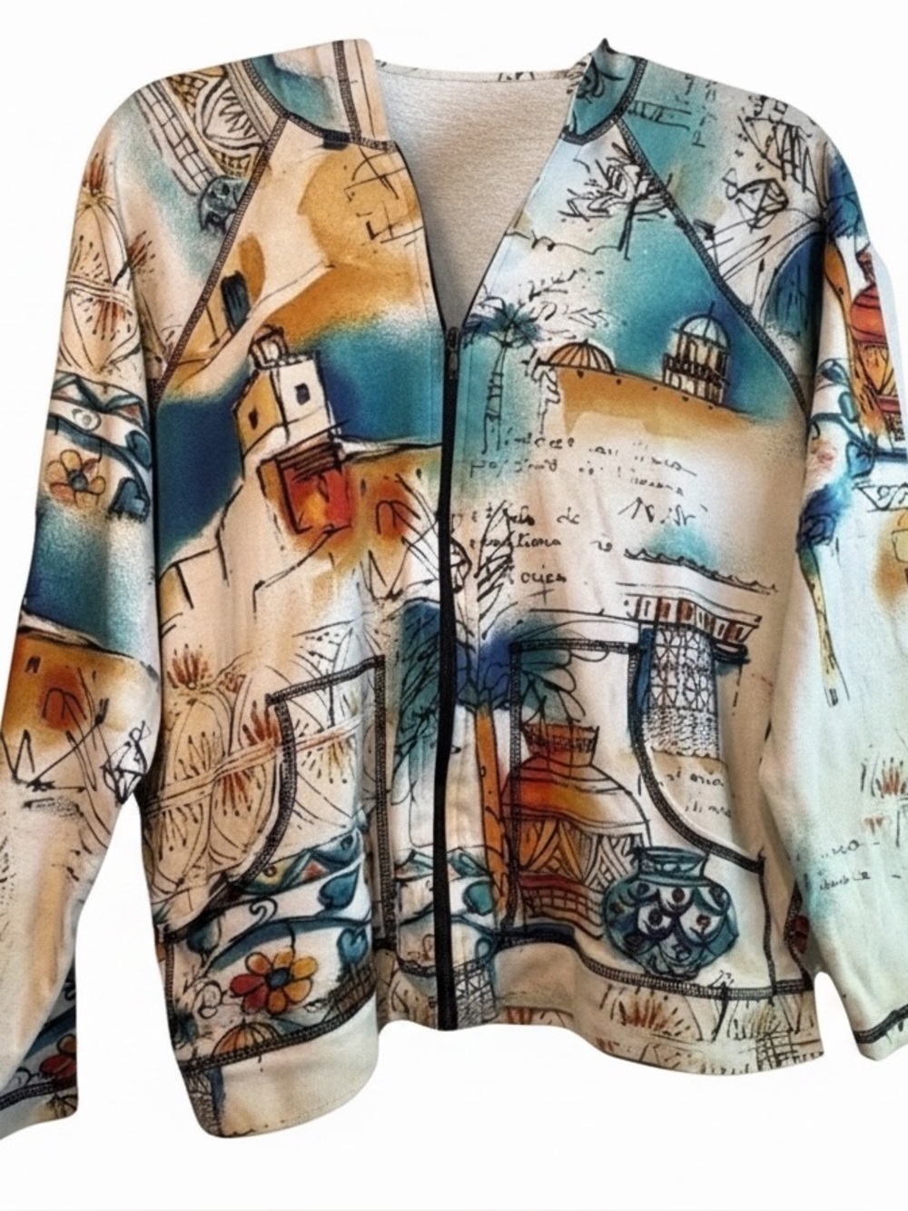 Chicos Hoodie Women Artistic Mediterranean Village Print Hooded Pockets Full Zip